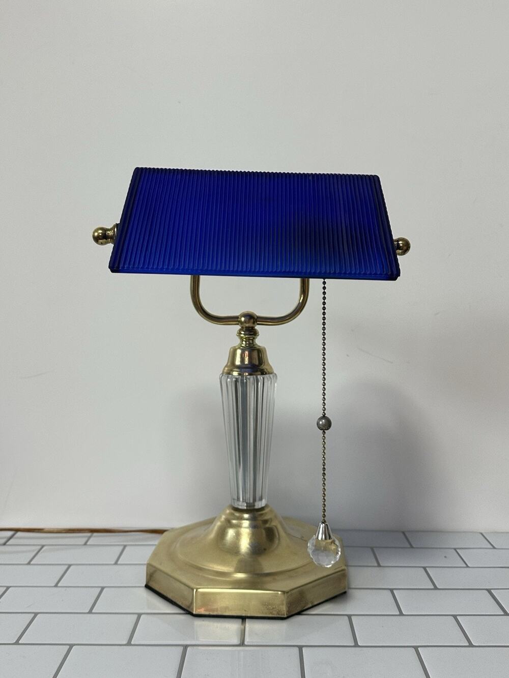Vintage Banker Desk Lamp in Rare Cobalt Blue Glass Shade Brass Tone Crystal pull